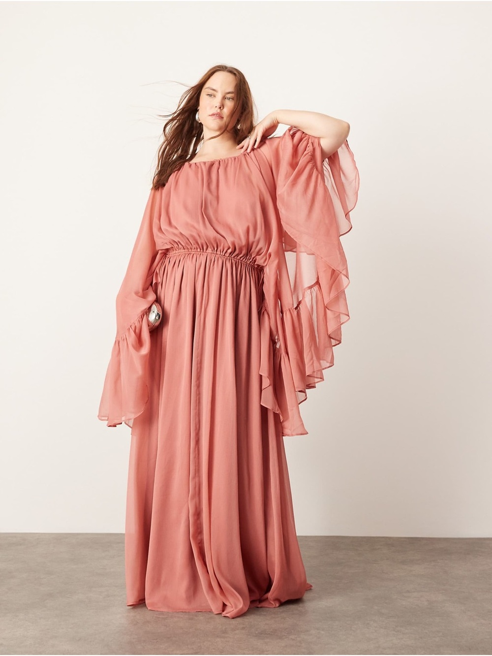 ASOS EDITION Curve | Chiffon Extreme Sleeve Maxi Ruffles - Dusky Pink - Picture 4 of 12